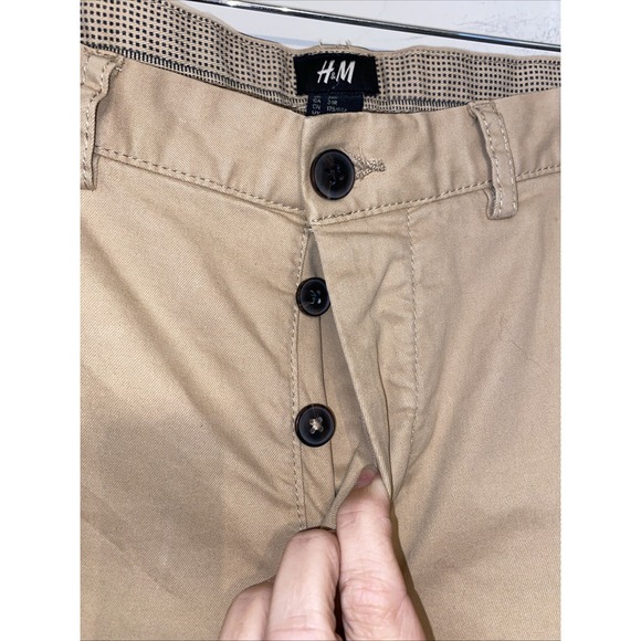 H&M Men's Khaki Chino Pants Size 34R Tan Flat Front Casual Business Button Fly - Picture 2 of 8